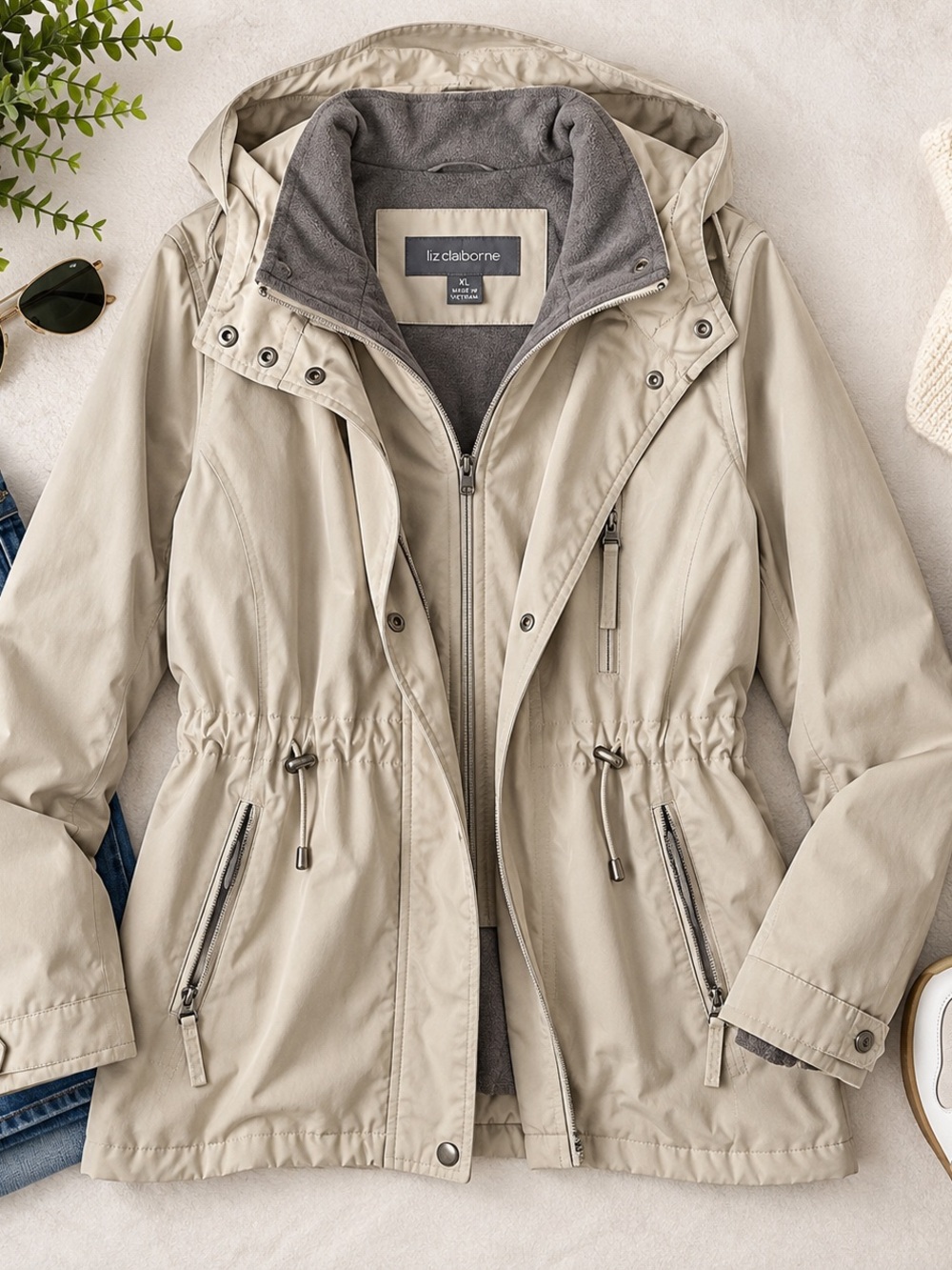 Liz Claiborne Women’s XL Beige Hooded Utility Jacket Fleece Lined